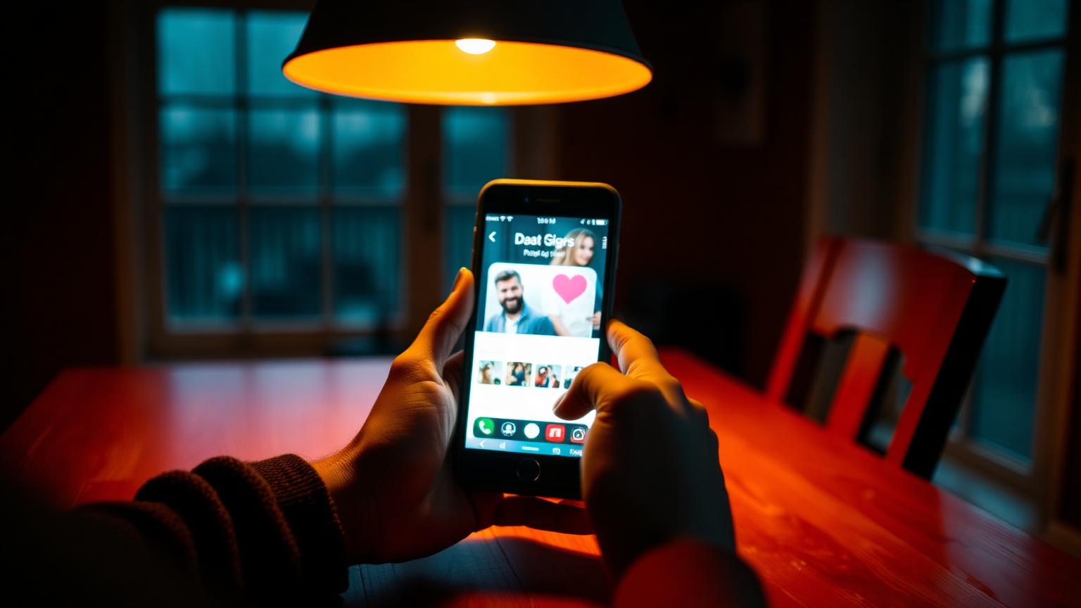 Hands holding a glowing smartphone showing a blurred dating app card at a kitchen table at night