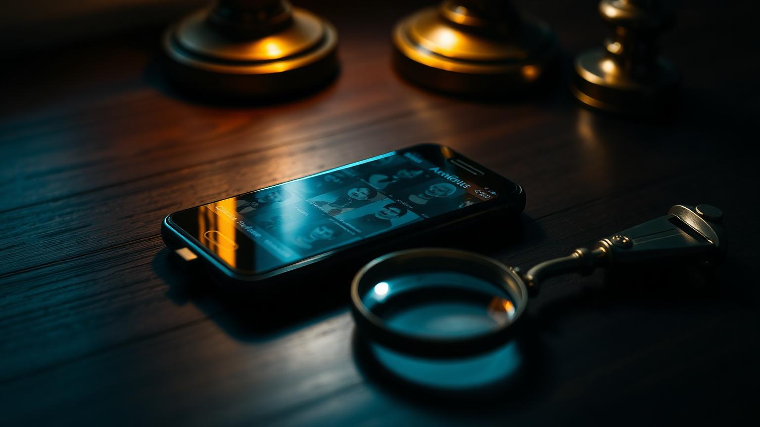 Smartphone showing a blurred grid of dating profile cards on a dark walnut desk beside a vintage brass magnifying glass