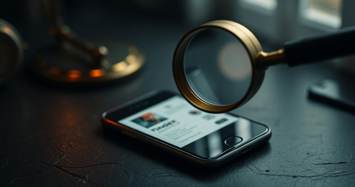 Vintage brass magnifying glass held above a smartphone displaying a blurred Tinder-style profile card on a dark slate desk