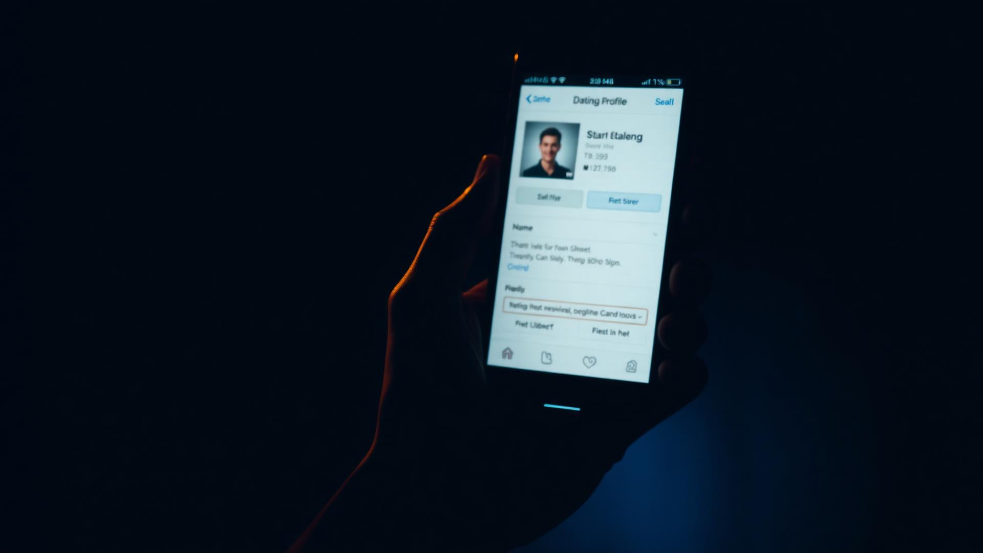 A smartphone held in low light showing a blurred dating profile card against a dark background with warm amber highlights