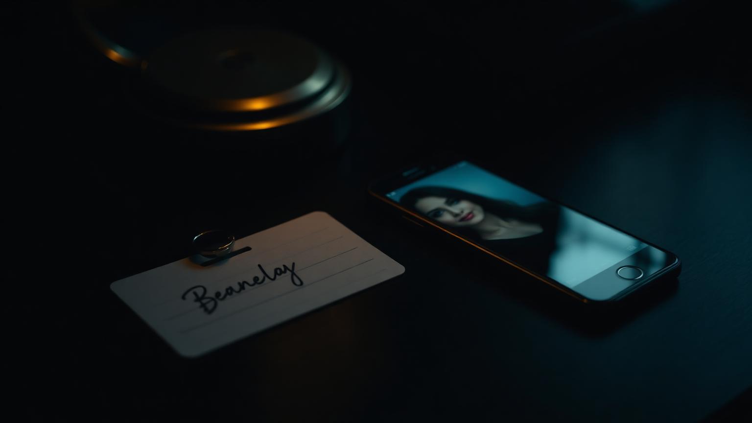 A blank name card and a smartphone showing a blurred portrait on a dark desk under a brass lamp
