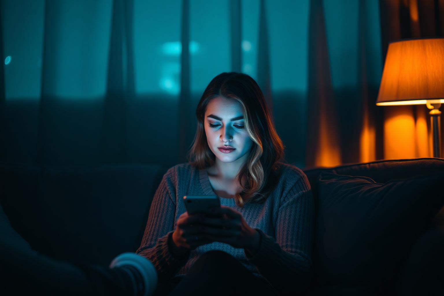 Gece evinde telefonuna endişeyle bakan, eşinin flört uygulamasında olup olmadığını kontrol eden Türk kadın
