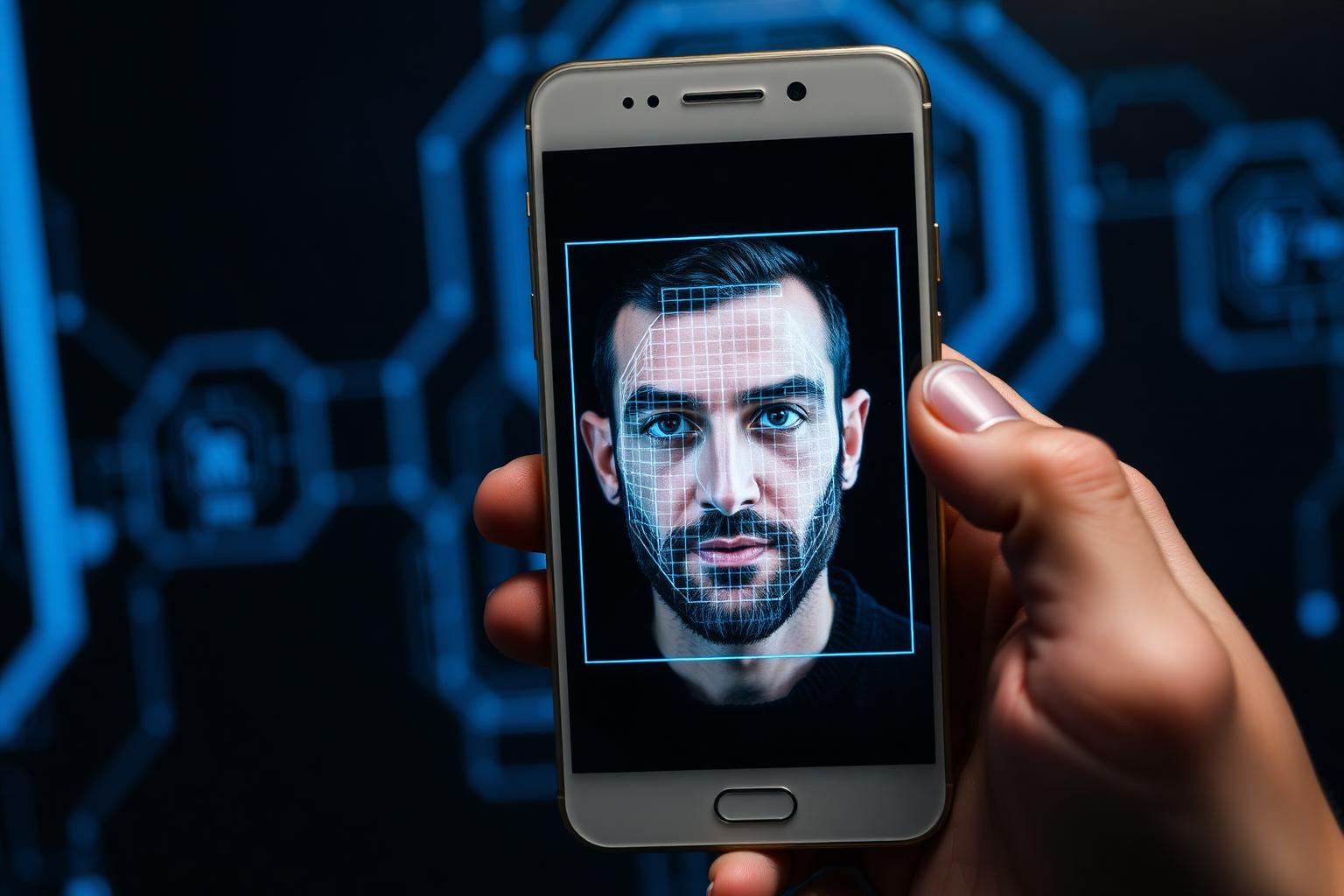 Telefonda bir erkeğin yüzünü biyometrik ızgarayla tarayan yüz arama ekranı