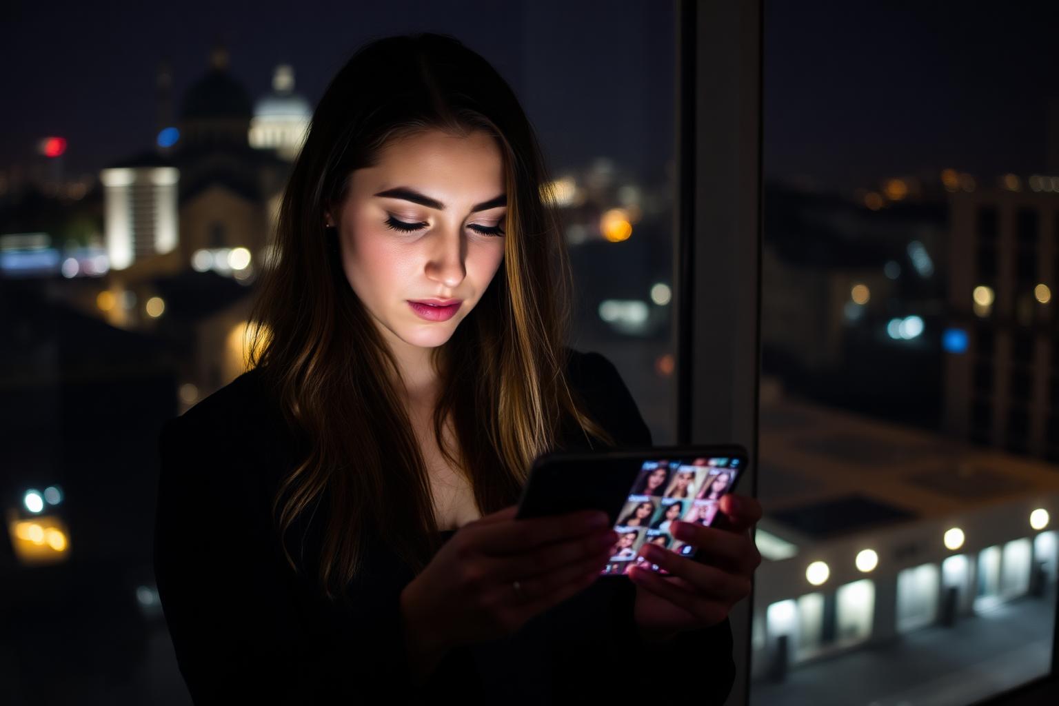 Gece şehir ışıkları önünde telefonunda flört profillerini inceleyen genç kadın