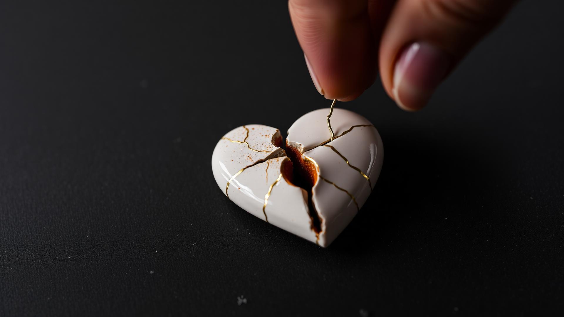 A broken ceramic heart being repaired with gold lines, kintsugi style